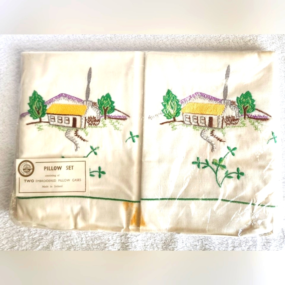 Made In Ireland, 1950s Vintage Embroidered, Irish Linen Two Pillowcase Set.